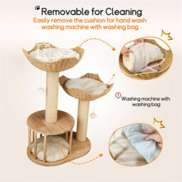 Bingopaw Solid Wood Cat Scratching Post Cat Tree Tower Kitten Condo, Embrace Basket Noon Break,60X40X99Cm - thumbnail 7