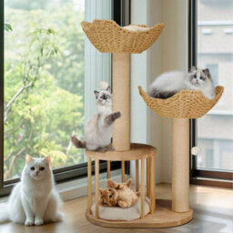 Bingopaw Solid Wood Cat Scratching Post Cat Tree Tower Kitten Condo, Embrace Basket Noon Break,60X40X99Cm - thumbnail 3