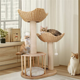 Bingopaw Solid Wood Cat Scratching Post Cat Tree Tower Kitten Condo, Embrace Basket Noon Break,60X40X99Cm - thumbnail 2