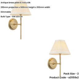 Loops 2 Pack Indoor Antique Brass Plate Wall Light - Ivory Silk Shade - Dimmable 6W Led E14 - thumbnail 2