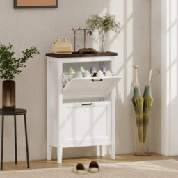 Homcom Shoe Cabinet With 2 Flip Drawers, Narrow Shoe Storage Cabinet, White - thumbnail 1