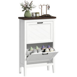 Homcom Shoe Cabinet With 2 Flip Drawers, Narrow Shoe Storage Cabinet, White - thumbnail 2