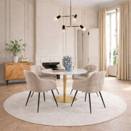Furniture To Go Corby Round Dining Table With White Polished Marble Top & Gold Base Inc 4 Brooke Dining Chairs With Armrests In Monza Beige - thumbnail 1