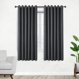 Bedlooms Charcoal Linen Curtain 100% Blackout Thermal Insulated Eyelet Curtain (Pair) 46 X 54 Inches With Tie Back Two
