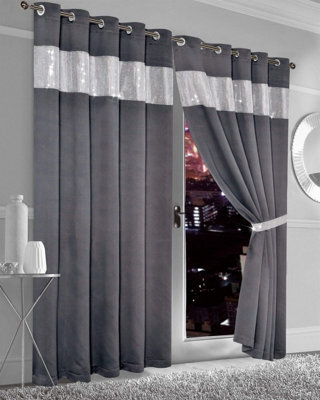 Diamante Blackout Eyelet Curtains In Charcoal, 167Cm X 183Cm