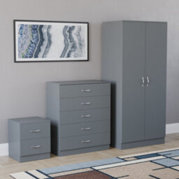 Lassic Vida Designs Riano 3 Piece Bedroom Set (2 Drawer Bedside Chest, 5 Drawer Chest, 2 Door Wardrobe) Grey (4) - thumbnail 3
