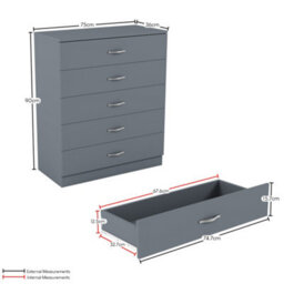 Lassic Vida Designs Riano 3 Piece Bedroom Set (2 Drawer Bedside Chest, 5 Drawer Chest, 2 Door Wardrobe) Grey (4) - thumbnail 8