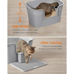 Songmics Spacious Cat Litter Box For Large Cats, Enclosed With High Sides, Scoop And Catcher Board, Dove Grey - thumbnail 3