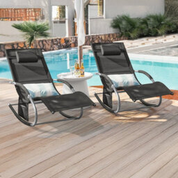 Sobuy Ogs28-Schx2, Set Of 2 Outdoor Garden Rocking Sun Lounger Recliner Relaxing Chair With Headrest And Side Bag, Black - thumbnail 2
