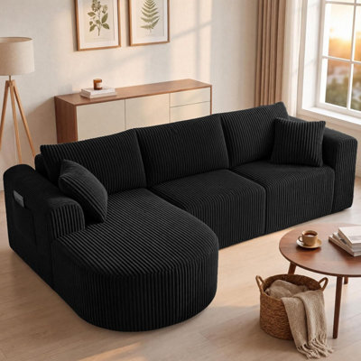 Luckracer Boneless Corner Sofa Couch Cloud Modular Sectional Sofa L Shaped Memory Foam Corduroy 245Cm, Right Facing Chaise Black - image 1