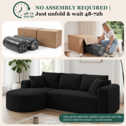Luckracer Boneless Corner Sofa Couch Cloud Modular Sectional Sofa L Shaped Memory Foam Corduroy 245Cm, Right Facing Chaise Black - thumbnail 7