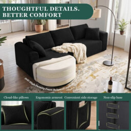 Luckracer Boneless Corner Sofa Couch Cloud Modular Sectional Sofa L Shaped Memory Foam Corduroy 245Cm, Right Facing Chaise Black - thumbnail 3