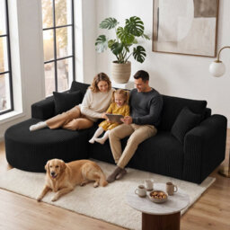 Luckracer Boneless Corner Sofa Couch Cloud Modular Sectional Sofa L Shaped Memory Foam Corduroy 245Cm, Right Facing Chaise Black - thumbnail 2