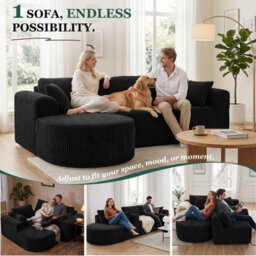 Luckracer Boneless Corner Sofa Couch Cloud Modular Sectional Sofa L Shaped Memory Foam Corduroy 245Cm, Right Facing Chaise Black - thumbnail 5