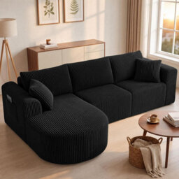 Luckracer Boneless Corner Sofa Couch Cloud Modular Sectional Sofa L Shaped Memory Foam Corduroy 245Cm, Right Facing Chaise Black