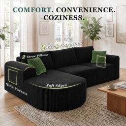 Luckracer Boneless Corner Sofa Couch Cloud Modular Sectional Sofa L Shaped Memory Foam Corduroy 245Cm, Right Facing Chaise Black - thumbnail 9