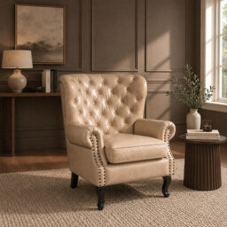 Elm Home And Garden Sherbourne Wingback Genuine Leather Armchair Cream 103Cm H X 84Cm W X 86Cm D - thumbnail 1