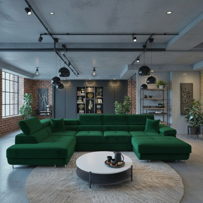 Torezio Bis U Shaped Corner Sofa Bed With Storage Chipboard Frame Polyurethane Foam Springs 346X203X70 90Cm Green Left - image 1