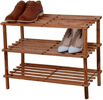 Wooden Shoe Rack Footwear Storage Organiser Unit Shelf Racking Shelving Unit Multi Purpose Tier Slated Walnut Effect, 3 Tier - image 1