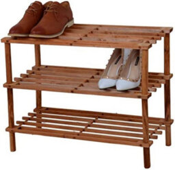 Wooden Shoe Rack Footwear Storage Organiser Unit Shelf Racking Shelving Unit Multi Purpose Tier Slated Walnut Effect, 3 Tier - thumbnail 1