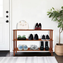 Wooden Shoe Rack Footwear Storage Organiser Unit Shelf Racking Shelving Unit Multi Purpose Tier Slated Walnut Effect, 3 Tier - thumbnail 2