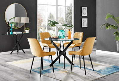 Furniturebox Novara Clear Tempered Glass 100Cm Round Dining Table With Black Starburst Legs & 4 Mustard Pesaro Soft Velvet Chairs - image 1