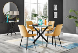 Furniturebox Novara Clear Tempered Glass 100Cm Round Dining Table With Black Starburst Legs & 4 Mustard Pesaro Soft Velvet Chairs - thumbnail 1