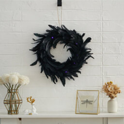 Living And Home Black Feather Artificial Halloween Wreath Battery Operated With Led Light String