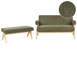 Wyld and Coco Asterra Boucle 2-Seater Sofa Set With Bench Green And Light Brown, Rubberwood Legs - thumbnail 1