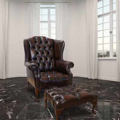 Chesterfield Buttoned Seat High Back Chair + Footstool Antique Brown Leather In Mallory Style - image 1