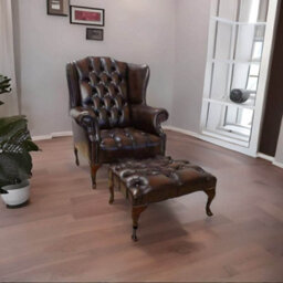 Chesterfield Buttoned Seat High Back Chair + Footstool Antique Brown Leather In Mallory Style - thumbnail 2