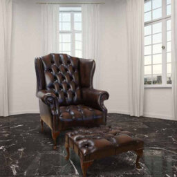 Chesterfield Buttoned Seat High Back Chair + Footstool Antique Brown Leather In Mallory Style - thumbnail 1