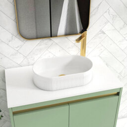 Royal Bathrooms Orion 800mm Mint Sage Floor Standing Plain White Countertop Vanity Unit 2 Door With Lyon Basin & Brushed Brass Accent Trim - thumbnail 5