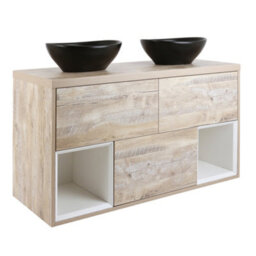 Homestylestore Light Oak 1200mm Led Lit Wall Hung Bathroom Vanity Unit Oval Graphite Countertop Basins Open Shelves - thumbnail 1