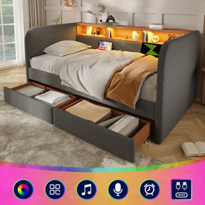 Btm 3Ft Upholstered Daybed Sofa Bed, Led Headboard Storage With Usb Typec, 2 Drawers, Linen Grey - image 1