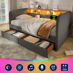 Btm 3Ft Upholstered Daybed Sofa Bed, Led Headboard Storage With Usb Typec, 2 Drawers, Linen Grey - thumbnail 1