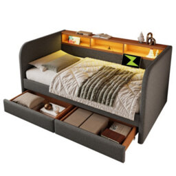Btm 3Ft Upholstered Daybed Sofa Bed, Led Headboard Storage With Usb Typec, 2 Drawers, Linen Grey - thumbnail 6