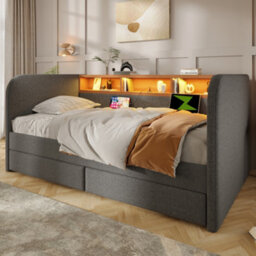 Btm 3Ft Upholstered Daybed Sofa Bed, Led Headboard Storage With Usb Typec, 2 Drawers, Linen Grey - thumbnail 9