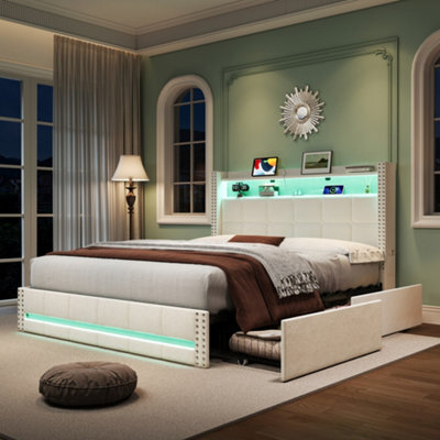 Btm Double Bed With 4 Drawers, Led Storage Headboard, Usb Type C Charging, Tufted Linen, Beige (No Mattress)