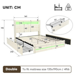 Btm Double Bed With 4 Drawers, Led Storage Headboard, Usb  Type C Charging, Tufted Linen, Beige (No Mattress) - thumbnail 8