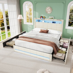 Btm Double Bed With 4 Drawers, Led Storage Headboard, Usb  Type C Charging, Tufted Linen, Beige (No Mattress) - thumbnail 4