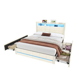 Btm Double Bed With 4 Drawers, Led Storage Headboard, Usb  Type C Charging, Tufted Linen, Beige (No Mattress) - thumbnail 9