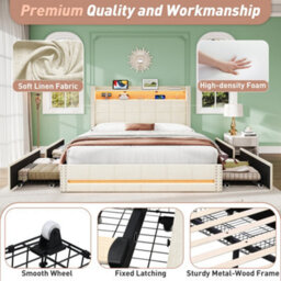 Btm Double Bed With 4 Drawers, Led Storage Headboard, Usb  Type C Charging, Tufted Linen, Beige (No Mattress) - thumbnail 7
