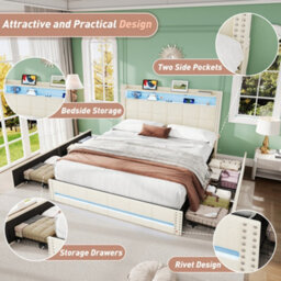 Btm Double Bed With 4 Drawers, Led Storage Headboard, Usb  Type C Charging, Tufted Linen, Beige (No Mattress) - thumbnail 5