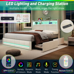Btm Double Bed With 4 Drawers, Led Storage Headboard, Usb  Type C Charging, Tufted Linen, Beige (No Mattress) - thumbnail 6