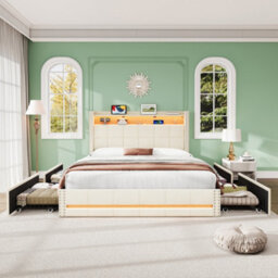 Btm Double Bed With 4 Drawers, Led Storage Headboard, Usb  Type C Charging, Tufted Linen, Beige (No Mattress) - thumbnail 3