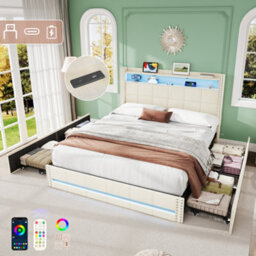 Btm Double Bed With 4 Drawers, Led Storage Headboard, Usb  Type C Charging, Tufted Linen, Beige (No Mattress) - thumbnail 2