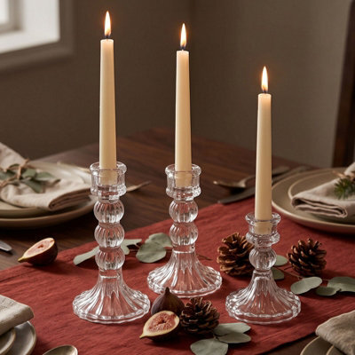 Living And Home 3 Pack Clear Fluted Soda-Lime Glass Candlestick Holders Three Heights Wedding Table Decor - image 1