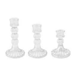 Living And Home 3 Pack Clear Fluted Soda-Lime Glass Candlestick Holders Three Heights Wedding Table Decor - thumbnail 4