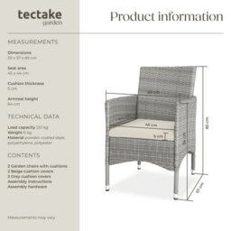 Tectake Garden Chair Nantes Set Of 2 - Weather & Uv-Resistant, 2 Sets Of Cushion Covers - Light Grey/cream - 2 - thumbnail 6